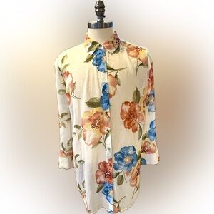 Chico’s Sz 3=16/18  Floral Women's Top - Cream with Blue and Orange Flowers